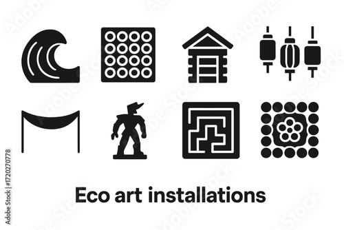 Eco Art Icons. Eco art installations. Filled icon set of eco art installations: plastic wave sculpture, glass