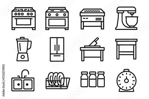 Professional Kitchen Icons. Professional Kitchen. Line outline icon set of Professional Kitchen: stove, oven,