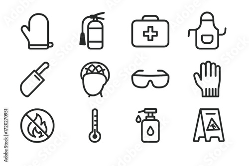 Kitchen Safety Icons. Kitchen Safety. Line outline icon set of Kitchen Safety: oven mitt, fire extinguisher,