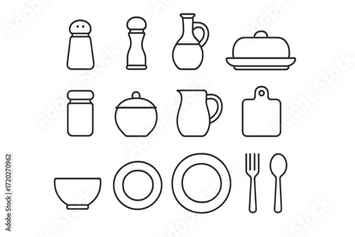 Kitchen Essentials Icons. Kitchen Essentials. Line outline icon set of Kitchen Essentials: salt shaker, pepper