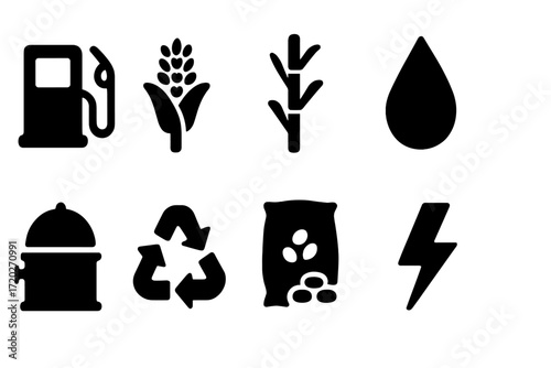 Biofuel Production Icons. Biofuel production. Filled icon set of biofuel production: fuel pump, corn stalk,
