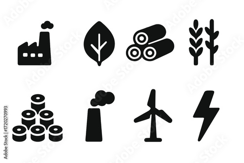 Biomass Energy Icons. Biomass energy plants. Filled icon set of biomass energy plants: biomass factory, leaf