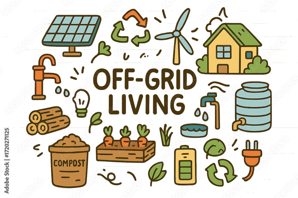 Naklejka premium Off-Grid Doodle Essentials. Off-grid living. Hand-drawn doodle illustration of off-grid living. Solar panels,