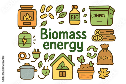Biomass Energy Doodle. Biomass energy. Hand-drawn doodle illustration of biomass energy. Biomass stove, wood