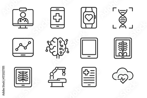 Healthcare Technology Icons. Healthcare Technology. Line outline icon set of Healthcare Technology: