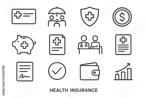 Health Insurance Icons. Health Insurance. Line outline icon set of Health Insurance: insurance card, family