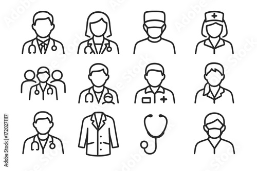 Medical Professional Icons. Doctors and Nurses. Line outline icon set of Doctors and Nurses: male doctor,
