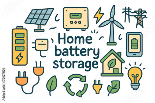 Eco-Friendly Battery Storage. Home battery storage. Hand-drawn doodle illustration of home battery storage.
