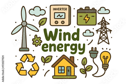Wind Energy Doodle. Wind energy. Hand-drawn doodle illustration of wind energy. Small wind turbine, blades,