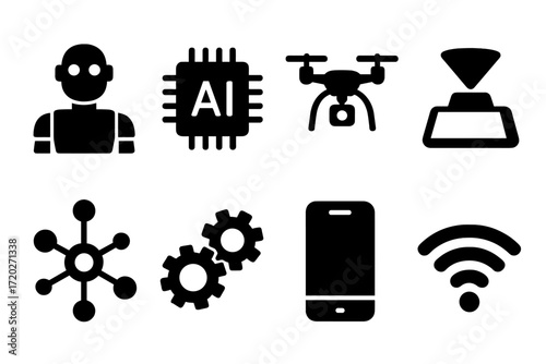Futuristic Technology Icons. Futuristic technology. Filled icon set of futuristic technology: humanoid robot,