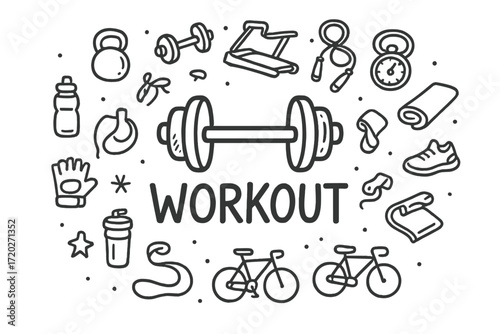 Doodle Workout Icons. Workout. Hand-drawn doodle illustration of Workout. In the middle, one slightly larger