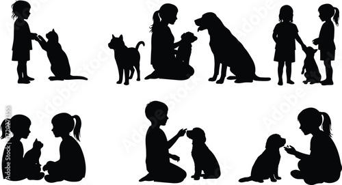 Children with pets silhouette, dog care, cat feeding, rabbit cuddling, animal interaction, playtime, affection, bonding, black illustration, family love
