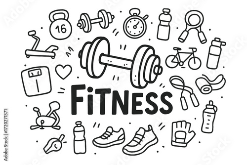 Fitness Doodle Art. Fitness. Hand-drawn doodle illustration of Fitness. In the middle, one slightly larger