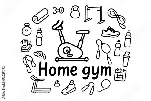 Home Gym Doodles. Home gym. Hand-drawn doodle illustration of Home gym. In the middle, one slightly larger