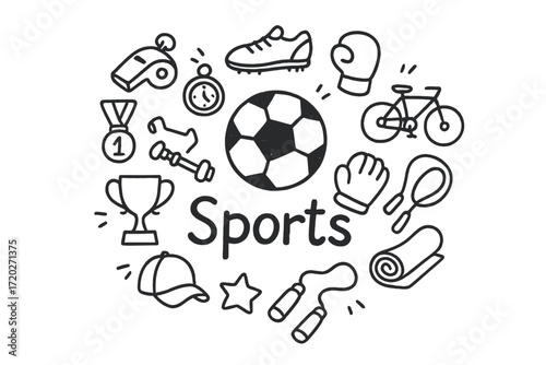 Doodle Sports Icons. Sports. Hand-drawn doodle illustration of Sports. In the middle, one slightly larger