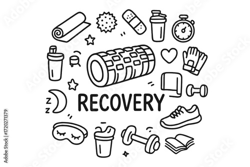 Recovery Doodle Icons. Recovery. Hand-drawn doodle illustration of Recovery. In the middle, one slightly