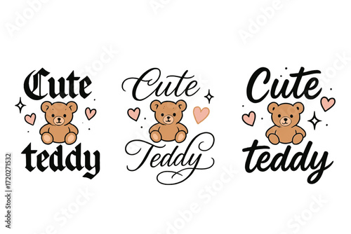 Charming Teddy Calligraphy. Cute teddy. Create a calligraphy lettering illustration of the phrase: Cute teddy.