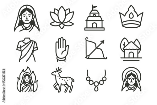 Sita Deity Icon Set. Sita Goddess. Line outline icon set of Sita Goddess: Sita figure, lotus flower, temple,