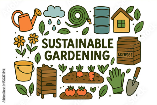 Sustainable Gardening Doodle. Sustainable gardening. Hand-drawn doodle illustration of sustainable gardening.