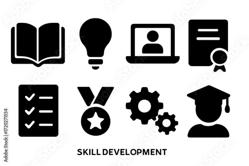 Skill Development Icons. Skill development. Filled icon set of skill development: open book, lightbulb, laptop