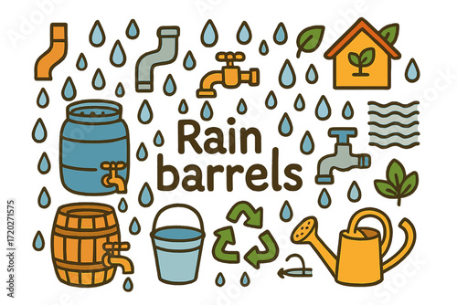 Rain Barrel Doodle. Rain barrels. Hand-drawn doodle illustration of rain barrels. Wooden barrel, plastic