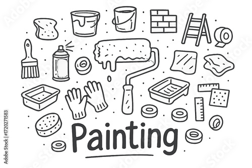 Painting Doodle Montage. Painting. Hand-drawn doodle illustration of Painting. In the middle, one slightly