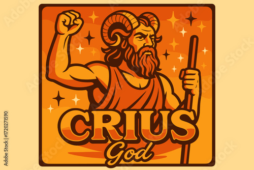 Retro Crius God. Crius God. 70s poster vibe, warm gradient fills, thick outlines, offset shadows, secondary