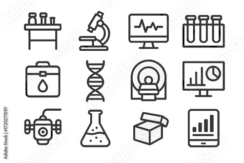 Research Facility Icons. Research Facilities. Line outline icon set of Research Facilities: lab table,