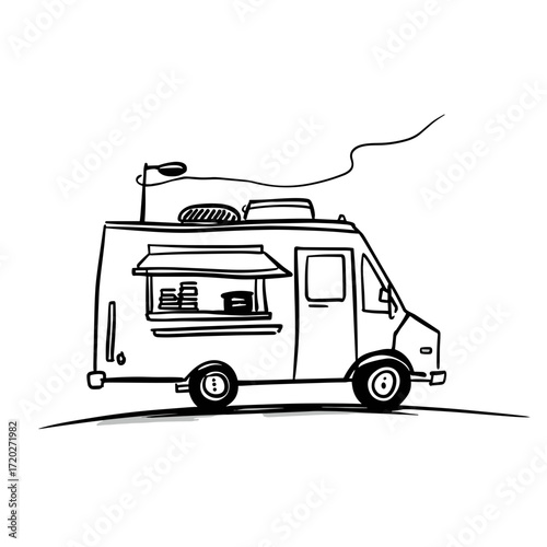 Food truck illustration with open window and steam on white background  