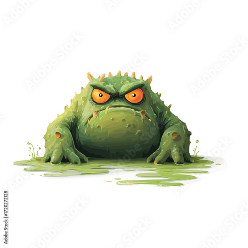 Cartoon monster frog with angry expression in slime puddle  