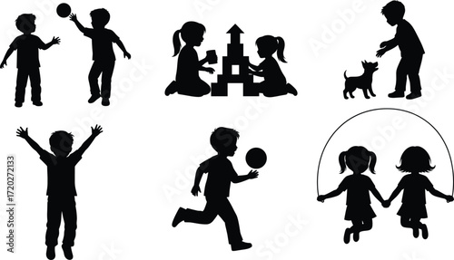 children, kids, play, fun, joy, silhouette, activity, jumping, skipping, ball, blocks, pet, dog, vector, childhood, interaction, teamwork, friendship, outdoor, illustration