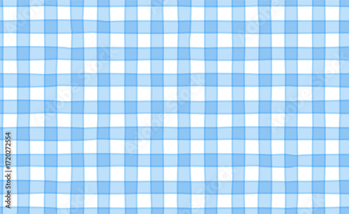 Cute light blue checkered vichy print in kid's style. Tartan seamless pattern. Vector illustration of tartan vichy plaid for textile, packaging and fabric print in picnic style.	