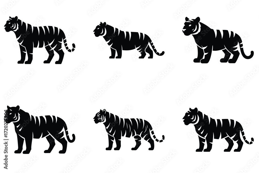 Obraz premium Tiger minimal flat vector icon set, black color and white background.