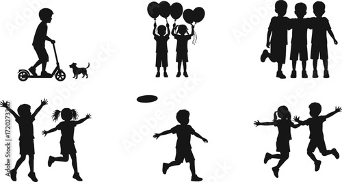 children, kids, play, fun, joy, silhouette, running, walking, scooter, dog, balloon, friendship, interaction, black, vector, illustration, activity, movement, bonding, outdoor