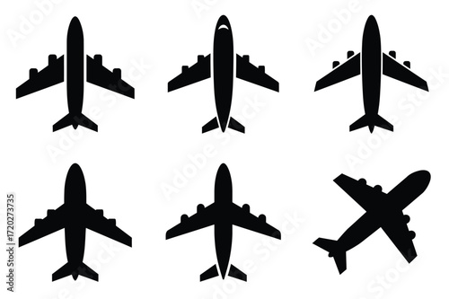 Airplane minimal flat vector icon set, black color and white background.
