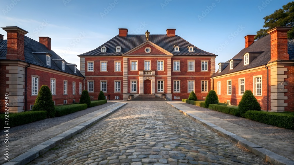 Obraz premium Historic red brick European manor with cobblestone pathway and classic architecture