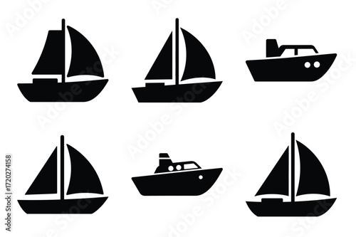 Boat minimal flat vector icon set, black color and white background.