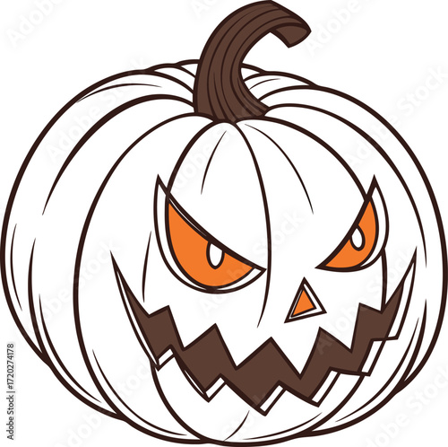 Vector art of scary white pumpkin with carved face and brown stem