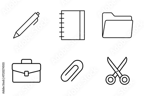 An office supplies icon set in minimalist style with editable stroke. Pen, notebook, folder, briefcase, paperclip, scissors, work tools, business elements, stationery, office equipment