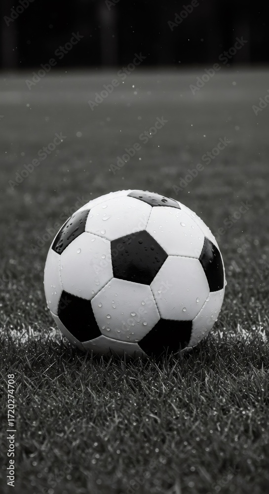 Fototapeta premium Wet black and white soccer ball on green grass with water drops. Football equipment on pitch on rainy day for sport competition.