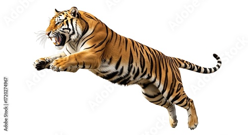 Powerful tiger in mid-leap, showcasing striking orange and black stripes against a plain white background.