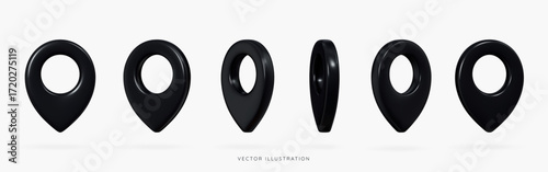 3D Black location pin in different rotations. Navigation mark. Travel tag with shadow. Minimal element for map, web and gps. Cartoon creative design icon set isolated on white. 3D Vector illustration