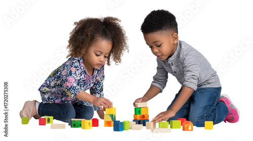 Two children playing with blocks