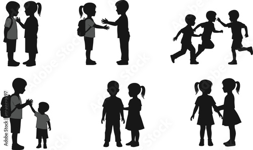 children, kids, school, backpack, friendship, interaction, running, walking, greeting, helping, silhouette, black, vector, illustration, communication, support, play, group, education, activity
