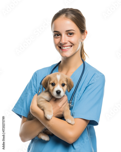 A woman in a blue scrubs holding a small dog