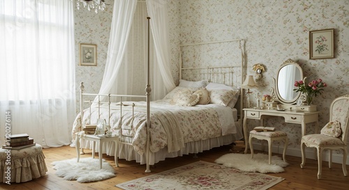 Serene bedroom glows softly with natural light elegant shabby chic style. AI Generated