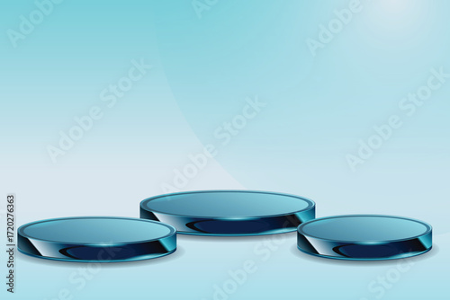 Backdrop illustration for advertising goods, products, museum expansions. Simple blue light background. Glass arch with rounds. Stylish background for presentation