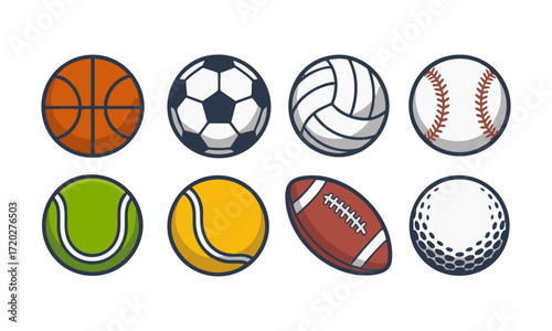 Sports Balls Vector Set Basketball, Soccer, Volleyball, Baseball, Tennis, Football, Golf Minimal Flat Icons, easily editable and scalable.