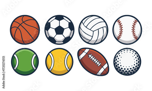 Sports Balls Vector Set Basketball, Soccer, Volleyball, Baseball, Tennis, Football, Golf Minimal Flat Icons, easily editable and scalable.