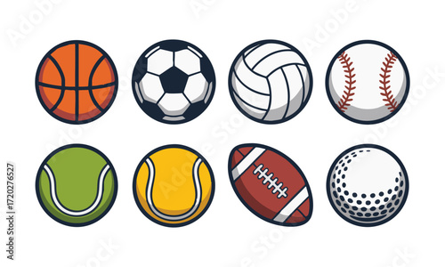 Sports Balls Vector Set Basketball, Soccer, Volleyball, Baseball, Tennis, Football, Golf Minimal Flat Icons, easily editable and scalable.